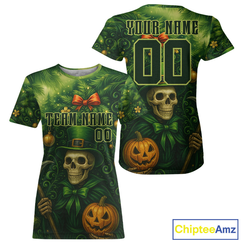 Custom Green Skull Patrick's Day Baseball T-Shirt Xmas Tree Baseball Shirts