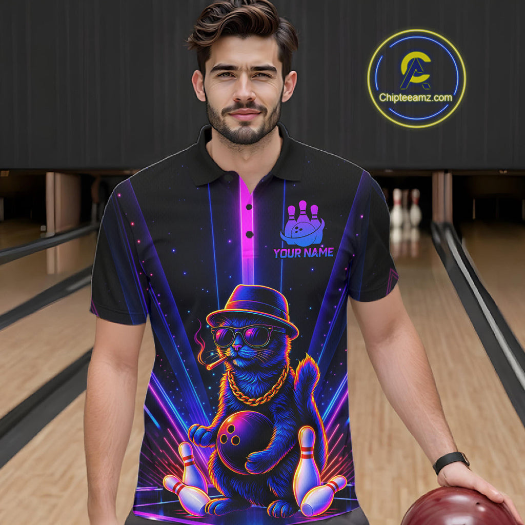 Custom Cool Cat Bowling Polo 1/4-Zip Shirt Personalized Neon Gangster Cat Bowling Jersey