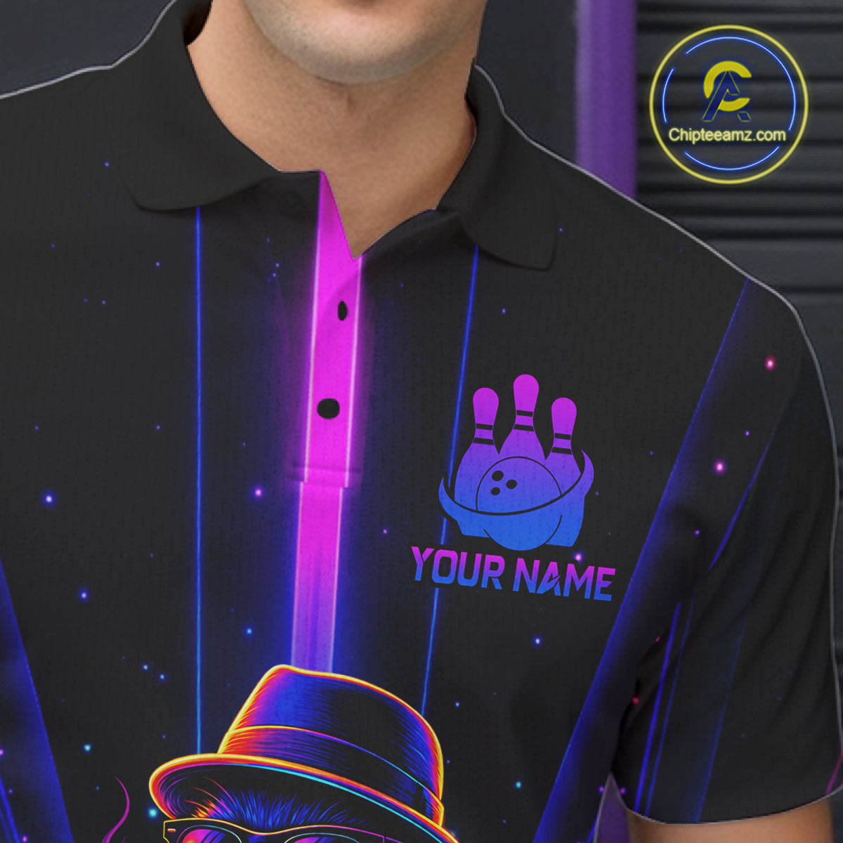 Custom Cool Cat Bowling Polo 1/4-Zip Shirt Personalized Neon Gangster Cat Bowling Jersey