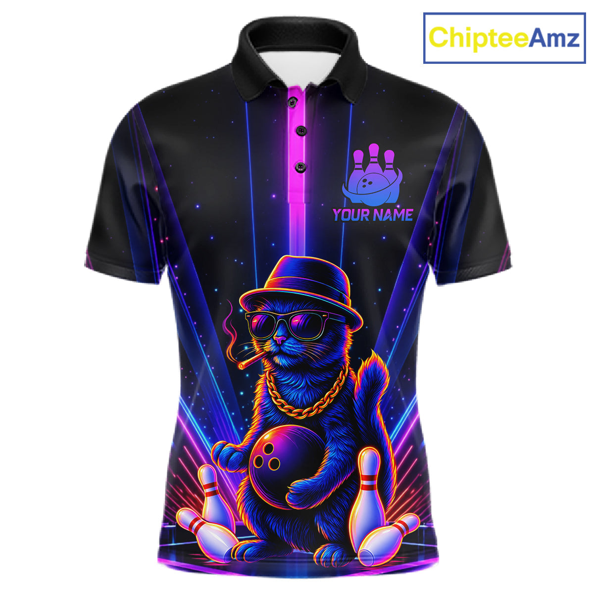 Custom Cool Cat Bowling Polo 1/4-Zip Shirt Personalized Neon Gangster Cat Bowling Jersey