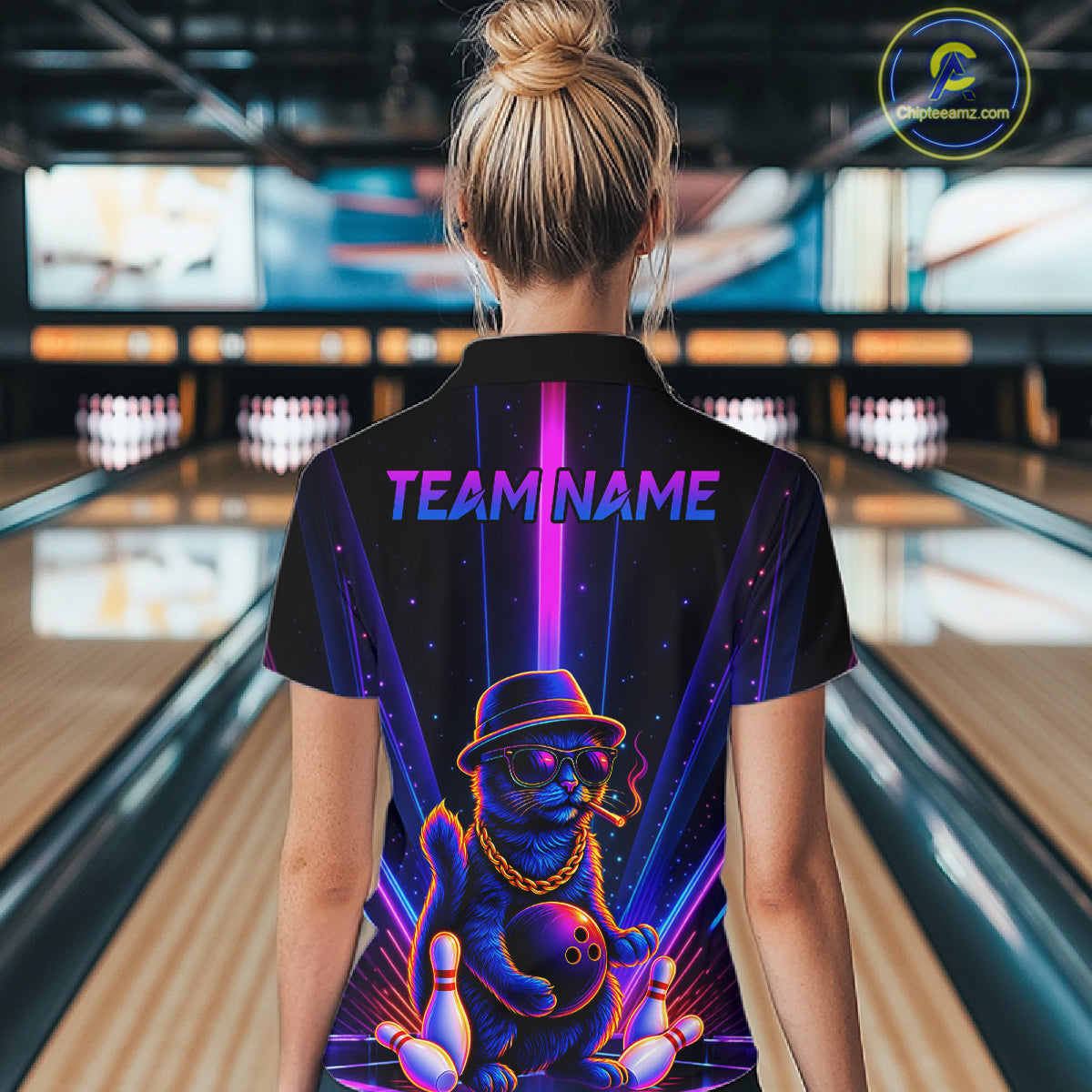 Custom Cool Cat Bowling Polo 1/4-Zip Shirt Personalized Neon Gangster Cat Bowling Jersey