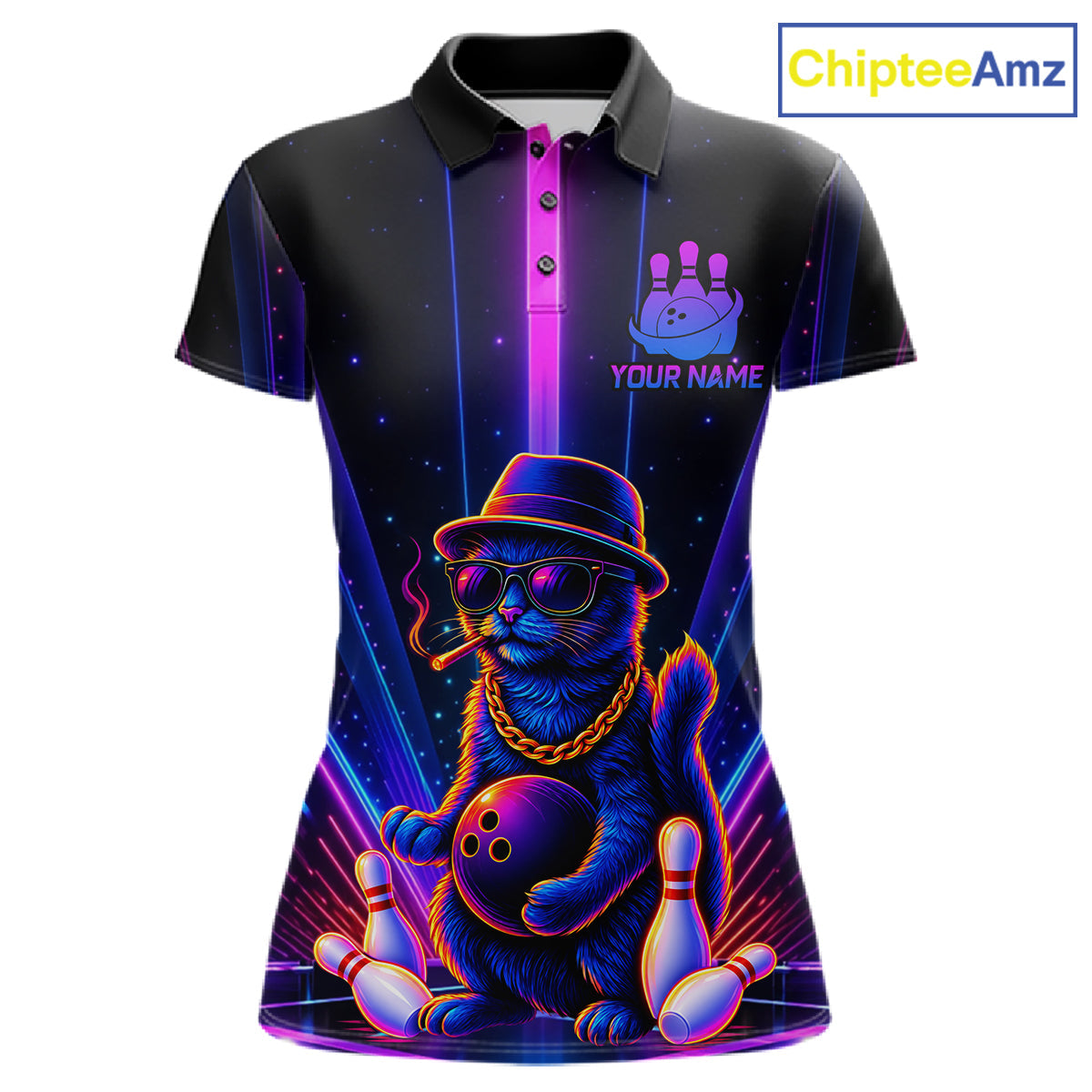 Custom Cool Cat Bowling Polo 1/4-Zip Shirt Personalized Neon Gangster Cat Bowling Jersey