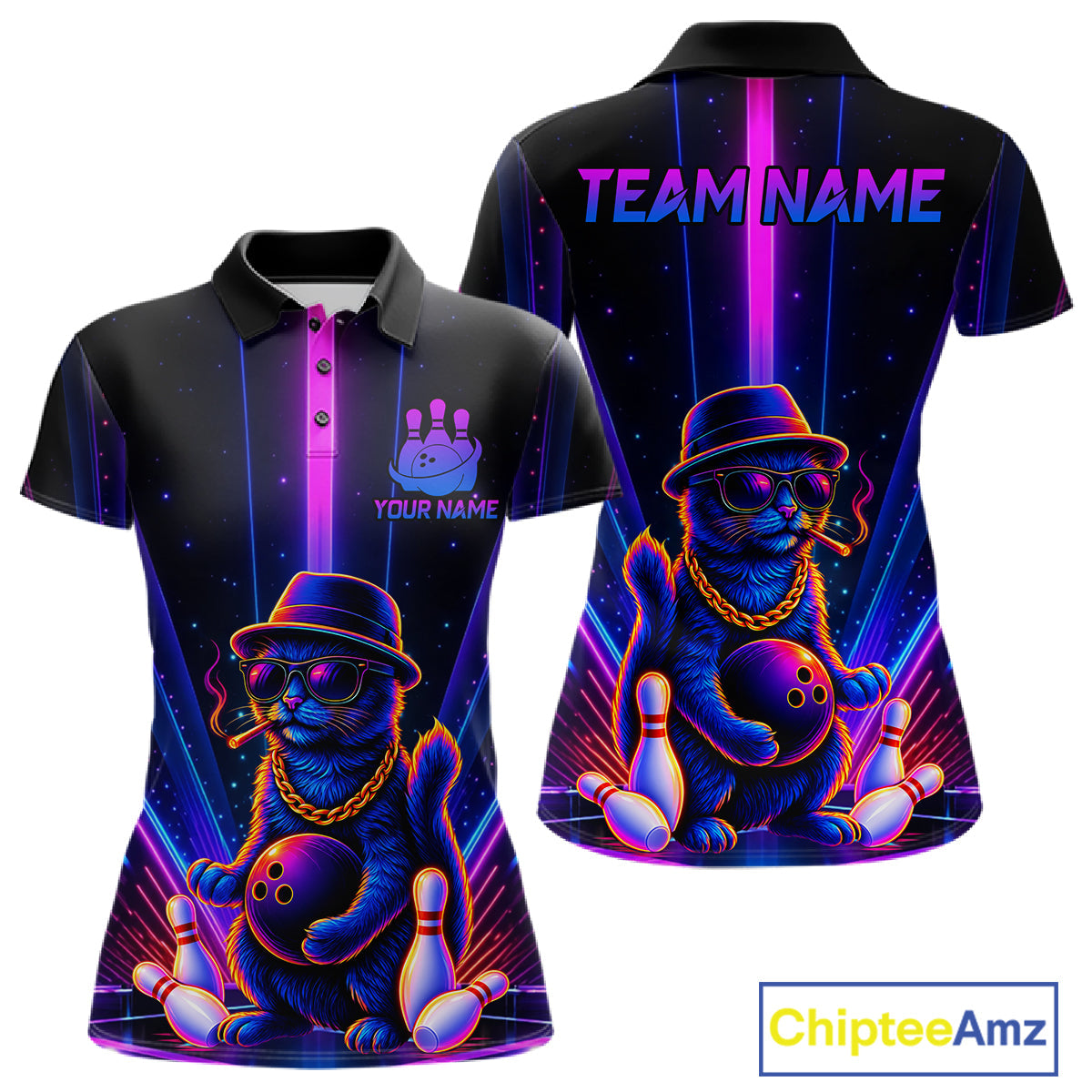 Custom Cool Cat Bowling Polo 1/4-Zip Shirt Personalized Neon Gangster Cat Bowling Jersey