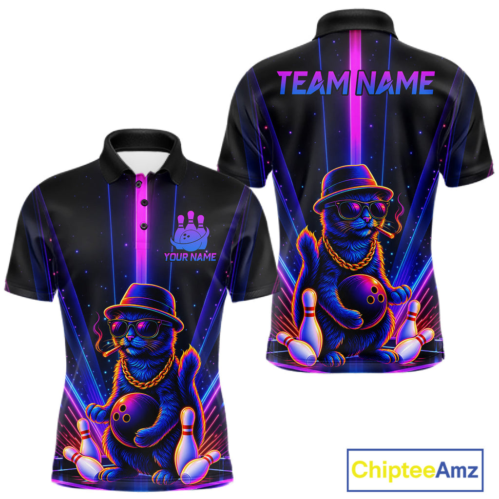 Custom Cool Cat Bowling Polo 1/4-Zip Shirt Personalized Neon Gangster Cat Bowling Jersey