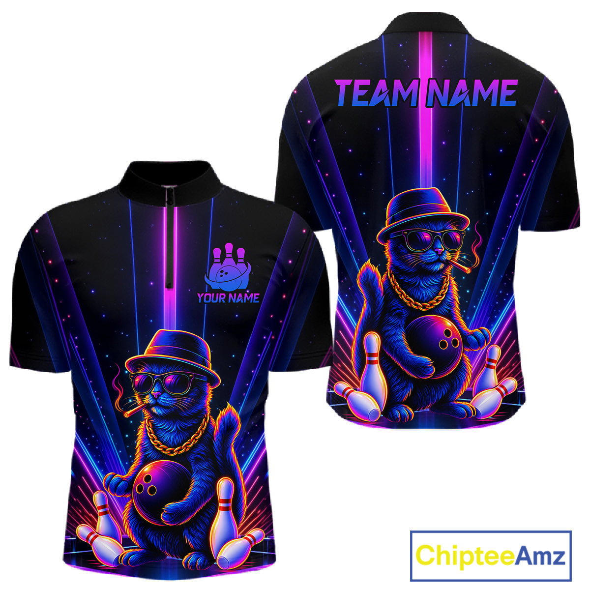 Custom Cool Cat Bowling Polo 1/4-Zip Shirt Personalized Neon Gangster Cat Bowling Jersey