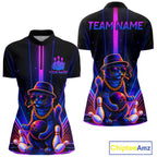 Custom Cool Cat Bowling Polo 1/4-Zip Shirt Personalized Neon Gangster Cat Bowling Jersey