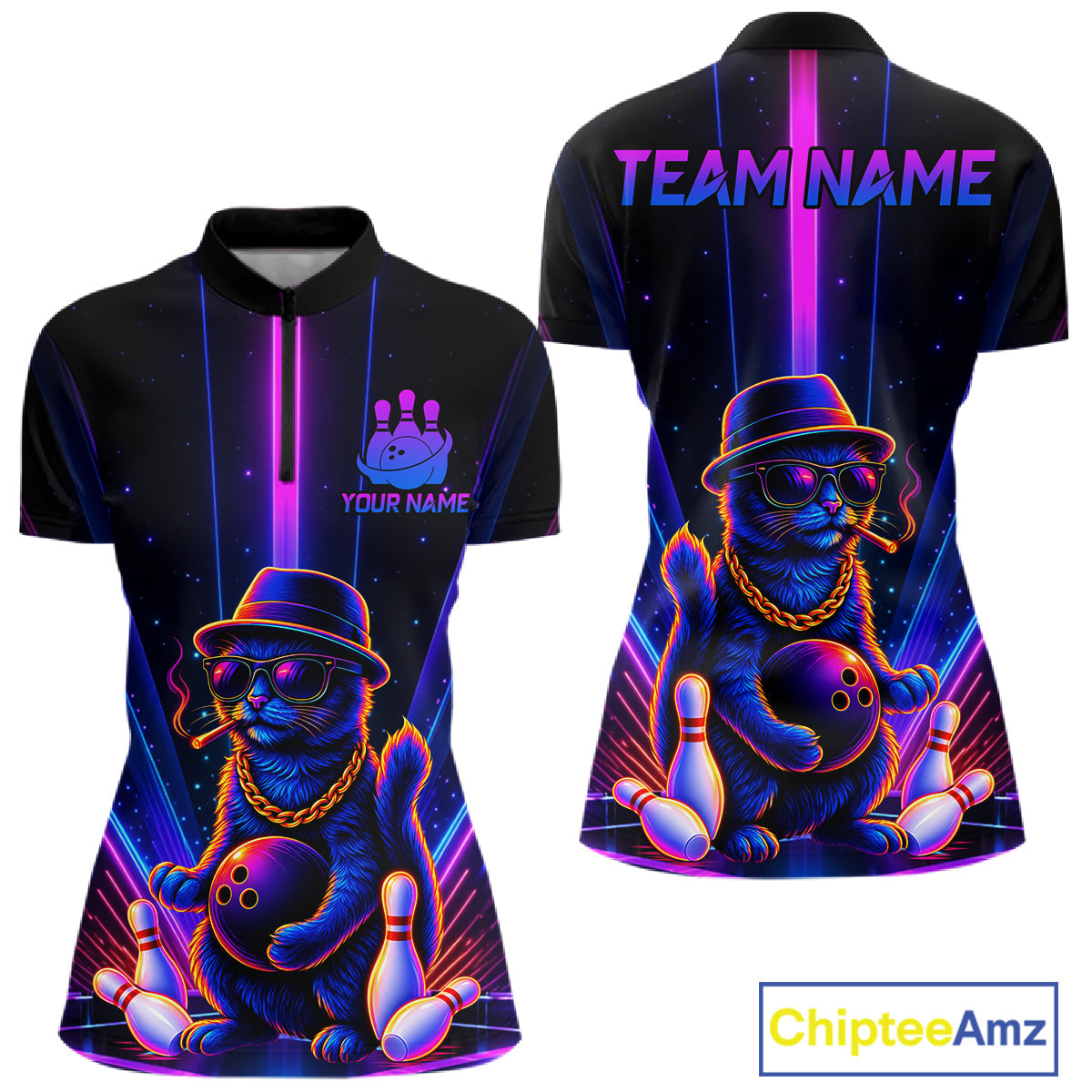 Custom Cool Cat Bowling Polo 1/4-Zip Shirt Personalized Neon Gangster Cat Bowling Jersey