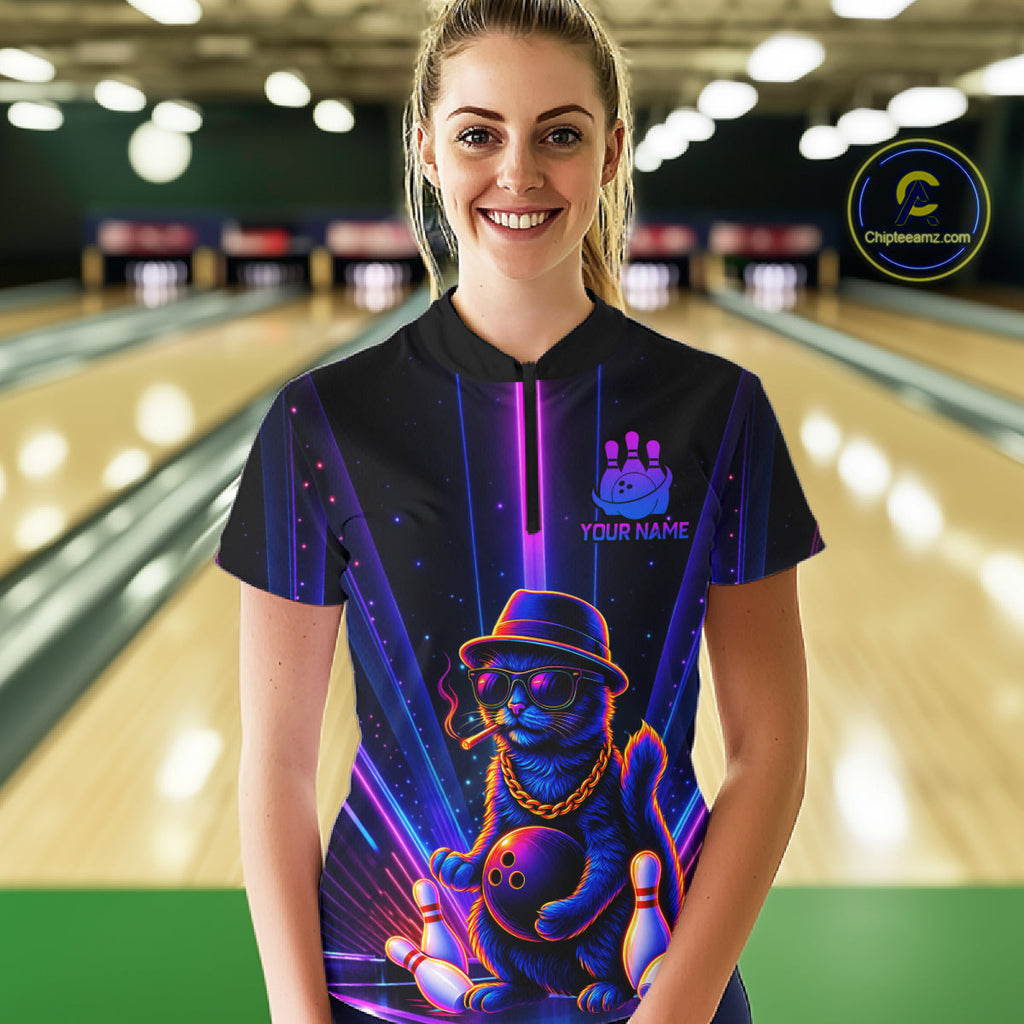 Custom Cool Cat Bowling Polo 1/4-Zip Shirt Personalized Neon Gangster Cat Bowling Jersey