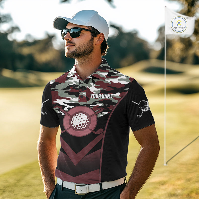 Black Maroon Camo Golf Polo Shirts Custom Golf Outfit, Personalized Golf Team Gifts