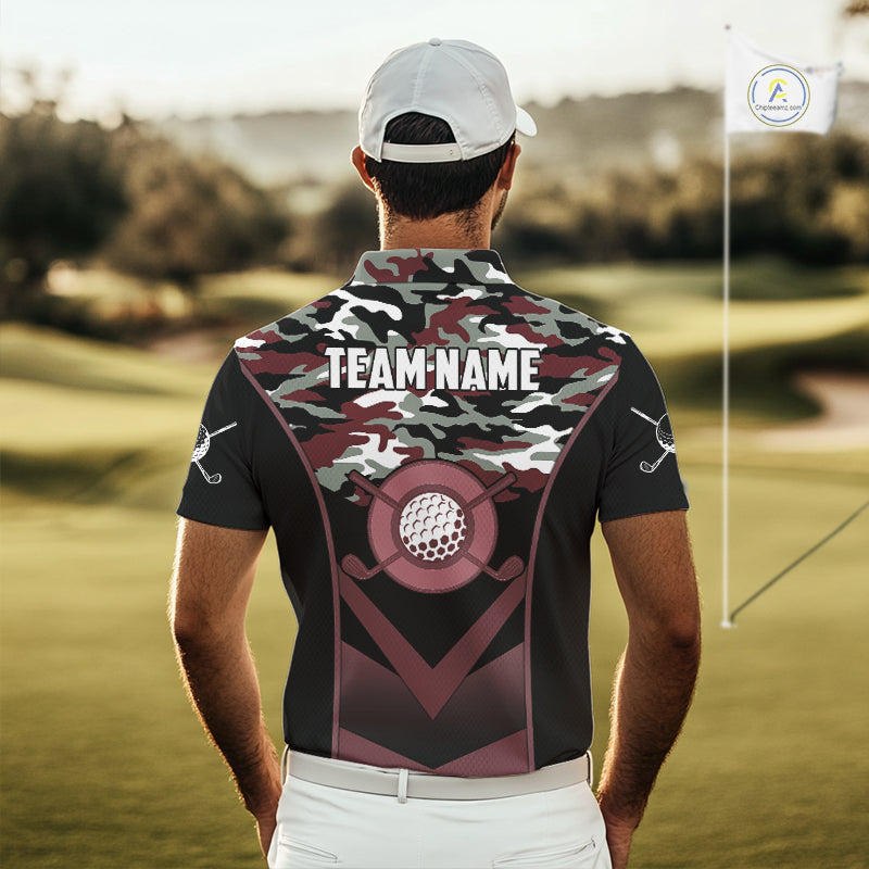 Black Maroon Camo Golf Polo Shirts Custom Golf Outfit, Personalized Golf Team Gifts