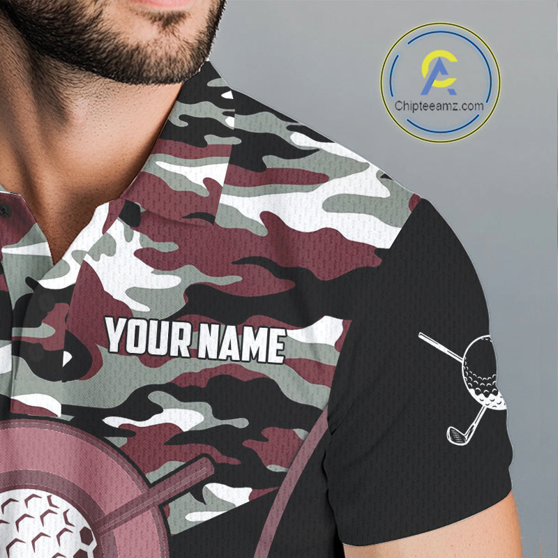 Black Maroon Camo Golf Polo Shirts Custom Golf Outfit, Personalized Golf Team Gifts