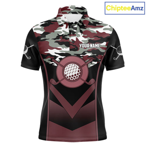 Black Maroon Camo Golf Polo Shirts Custom Golf Outfit, Personalized Golf Team Gifts