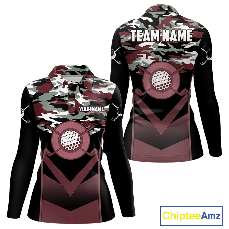 Black Maroon Camo Golf Polo Shirts Custom Golf Outfit, Personalized Golf Team Gifts