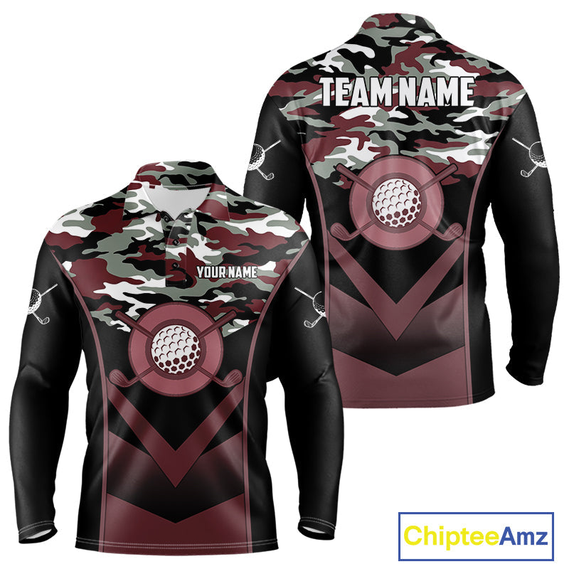 Black Maroon Camo Golf Polo Shirts Custom Golf Outfit, Personalized Golf Team Gifts