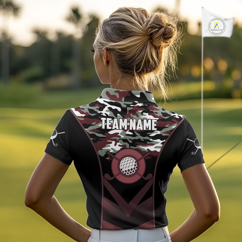 Black Maroon Camo Golf Polo Shirts Custom Golf Outfit, Personalized Golf Team Gifts