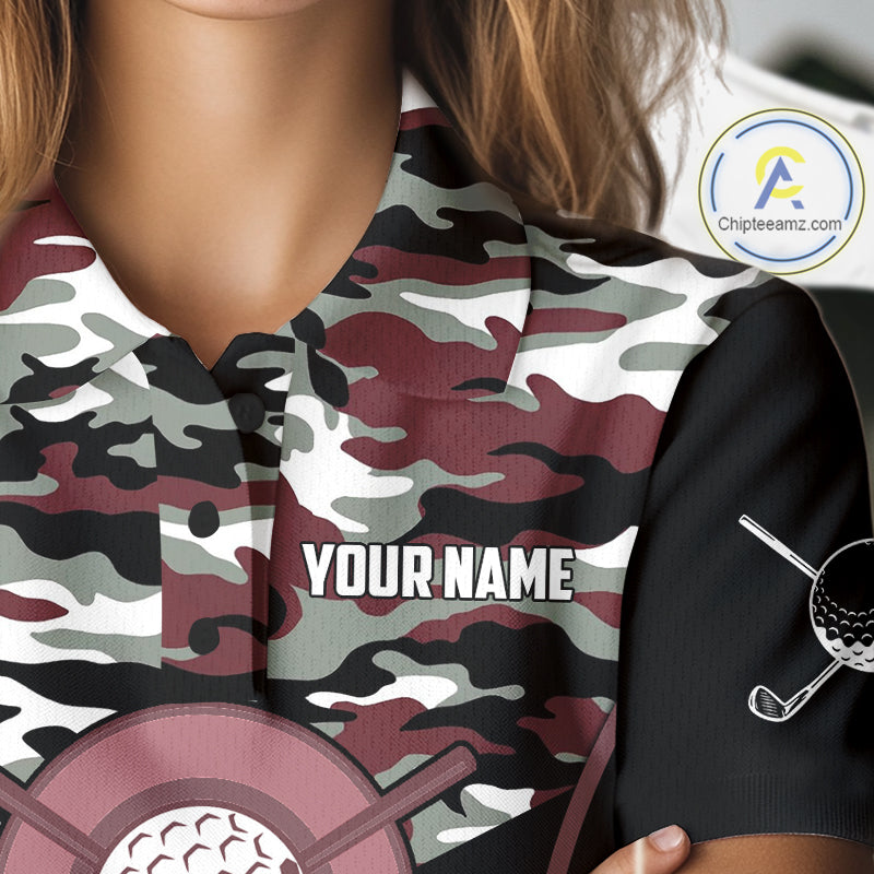 Black Maroon Camo Golf Polo Shirts Custom Golf Outfit, Personalized Golf Team Gifts