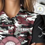 Black Maroon Camo Golf Polo Shirts Custom Golf Outfit, Personalized Golf Team Gifts