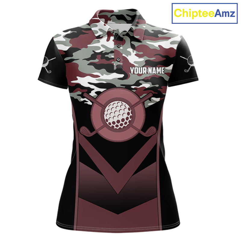 Black Maroon Camo Golf Polo Shirts Custom Golf Outfit, Personalized Golf Team Gifts