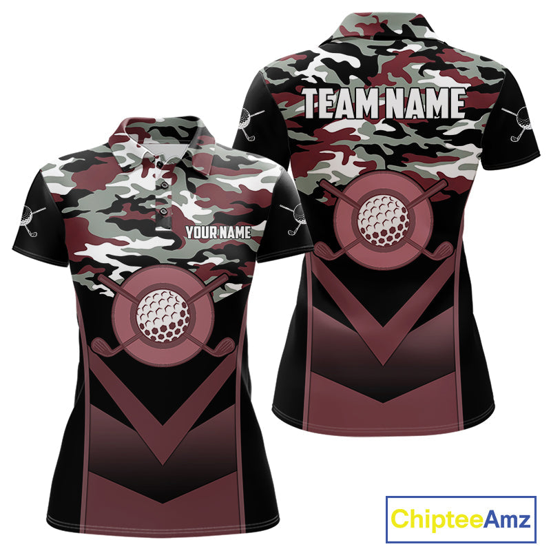 Black Maroon Camo Golf Polo Shirts Custom Golf Outfit, Personalized Golf Team Gifts