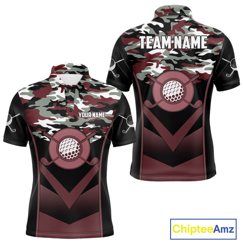 Black Maroon Camo Golf Polo Shirts Custom Golf Outfit, Personalized Golf Team Gifts