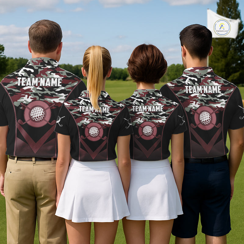 Black Maroon Camo Golf Polo Shirts Custom Golf Outfit, Personalized Golf Team Gifts
