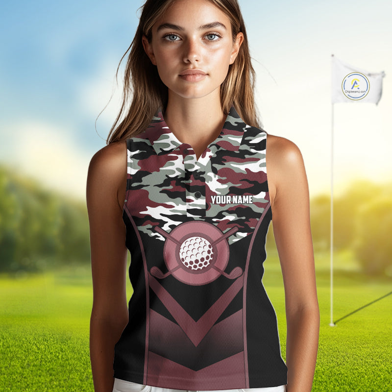 Black Maroon Camo Golf Sleeveless Polo Shirts Custom Golf Outfit, Personalized Golf Team Gifts