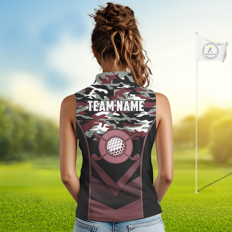 Black Maroon Camo Golf Sleeveless Polo Shirts Custom Golf Outfit, Personalized Golf Team Gifts