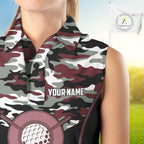 Black Maroon Camo Golf Sleeveless Polo Shirts Custom Golf Outfit, Personalized Golf Team Gifts