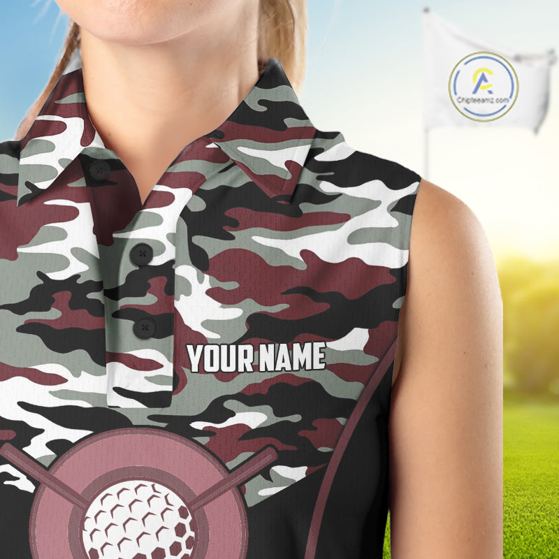 Black Maroon Camo Golf Sleeveless Polo Shirts Custom Golf Outfit, Personalized Golf Team Gifts