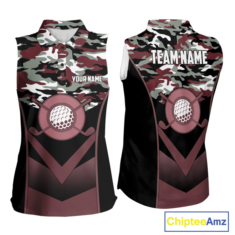 Black Maroon Camo Golf Sleeveless Polo Shirts Custom Golf Outfit, Personalized Golf Team Gifts