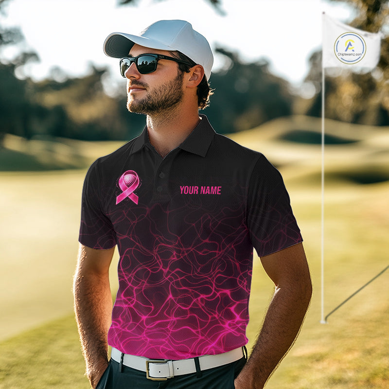Pink Neon Ribbon Golf Ball Golf Polo Shirt Custom Breast Cancer Awareness Golf Team, Golf Gift