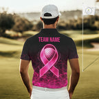 Pink Neon Ribbon Golf Ball Golf Polo Shirt Custom Breast Cancer Awareness Golf Team, Golf Gift