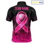 Pink Neon Ribbon Golf Ball Golf Polo Shirt Custom Breast Cancer Awareness Golf Team, Golf Gift