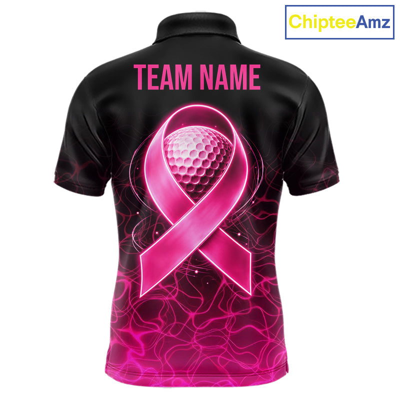 Pink Neon Ribbon Golf Ball Golf Polo Shirt Custom Breast Cancer Awareness Golf Team, Golf Gift