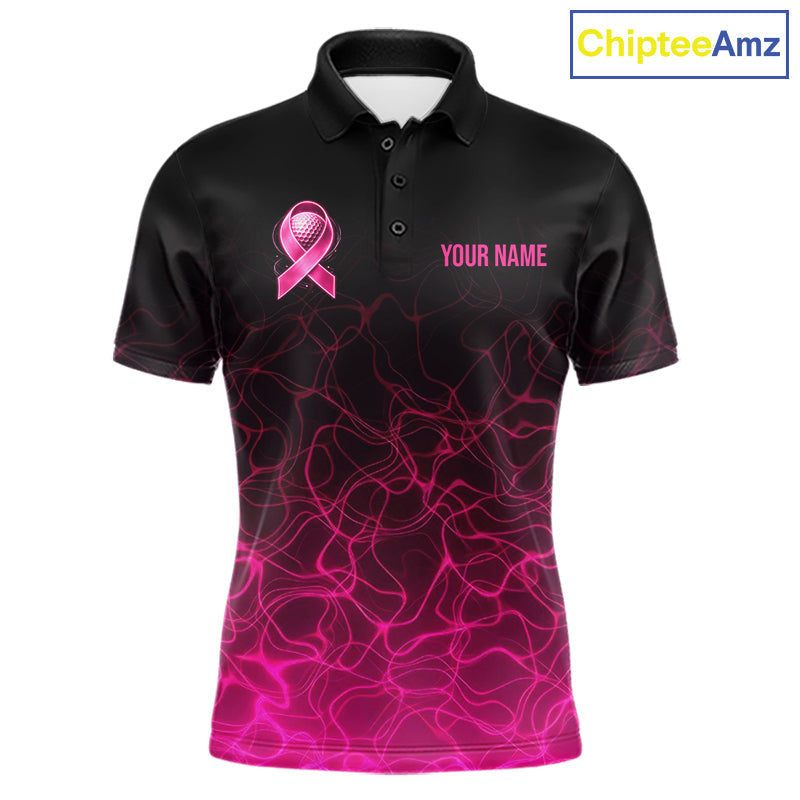 Pink Neon Ribbon Golf Ball Golf Polo Shirt Custom Breast Cancer Awareness Golf Team, Golf Gift