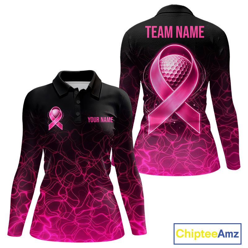 Pink Neon Ribbon Golf Ball Golf Polo Shirt Custom Breast Cancer Awareness Golf Team, Golf Gift