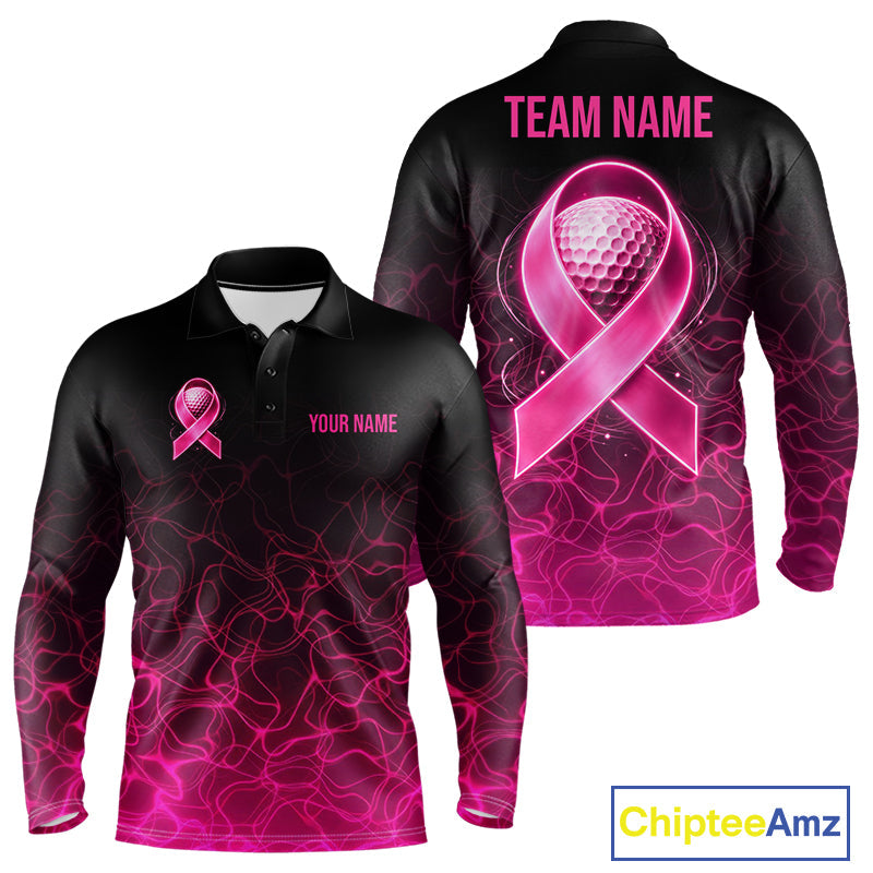 Pink Neon Ribbon Golf Ball Golf Polo Shirt Custom Breast Cancer Awareness Golf Team, Golf Gift