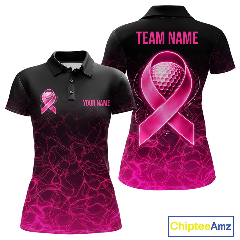Pink Neon Ribbon Golf Ball Golf Polo Shirt Custom Breast Cancer Awareness Golf Team, Golf Gift