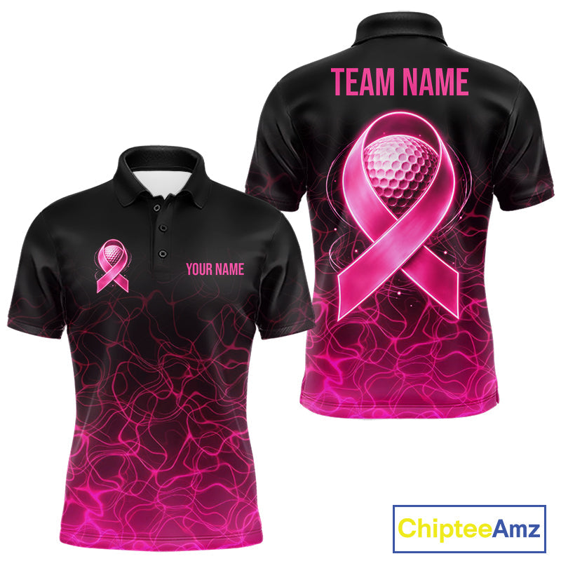 Pink Neon Ribbon Golf Ball Golf Polo Shirt Custom Breast Cancer Awareness Golf Team, Golf Gift