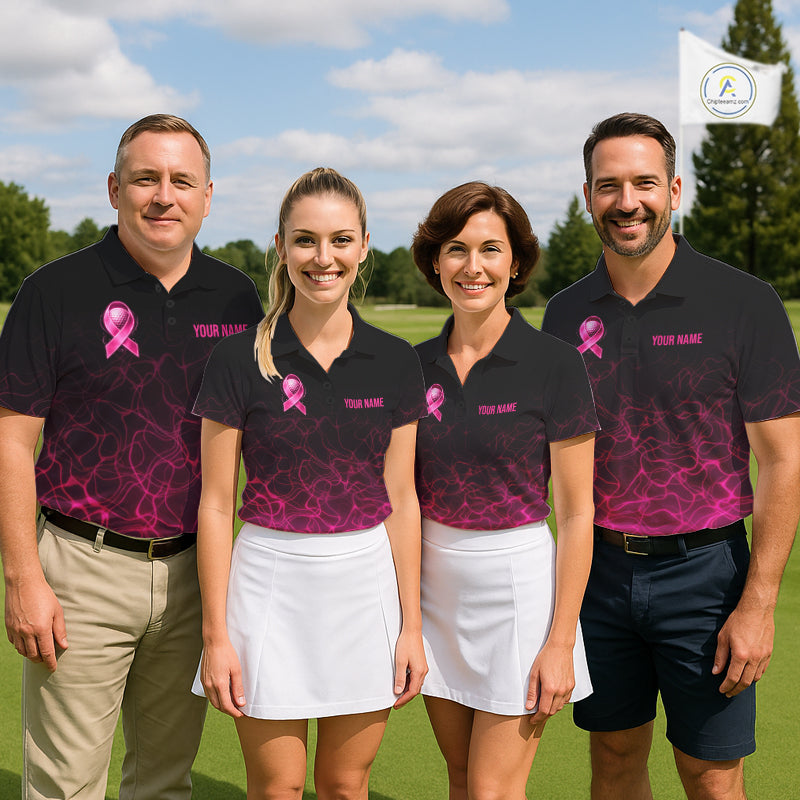 Pink Neon Ribbon Golf Ball Golf Polo Shirt Custom Breast Cancer Awareness Golf Team, Golf Gift