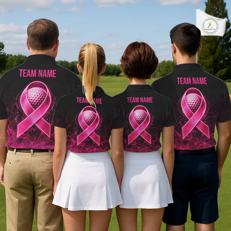 Pink Neon Ribbon Golf Ball Golf Polo Shirt Custom Breast Cancer Awareness Golf Team, Golf Gift