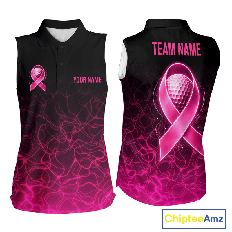 Pink Neon Ribbon Golf Ball Golf Sleeveless Polo Shirt Custom Breast Cancer Awareness Golf Team, Golf Gift