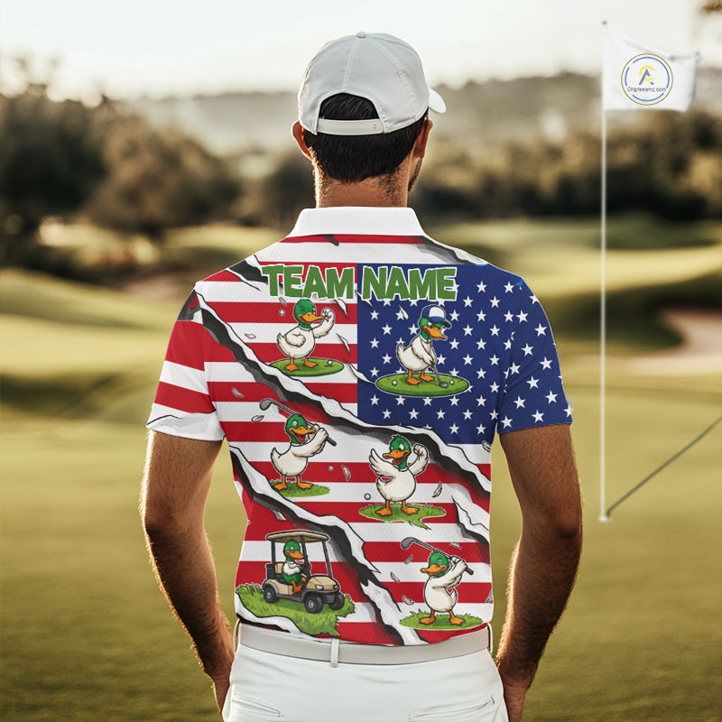 Personalized Funny Duck American Flag Golf Polo Shirt Vintage Patriot Golf Team Tournament