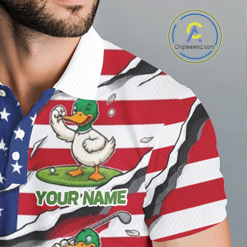 Personalized Funny Duck American Flag Golf Polo Shirt Vintage Patriot Golf Team Tournament
