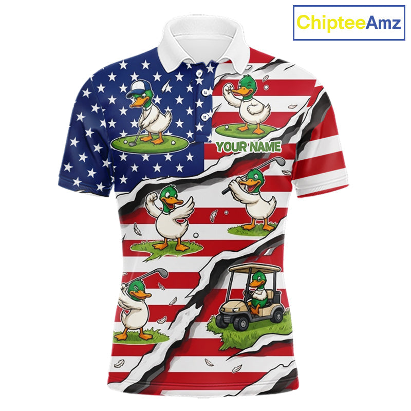 Personalized Funny Duck American Flag Golf Polo Shirt Vintage Patriot Golf Team Tournament