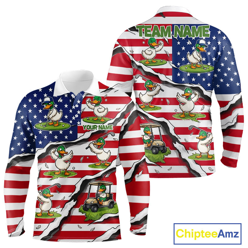 Personalized Funny Duck American Flag Golf Polo Shirt Vintage Patriot Golf Team Tournament