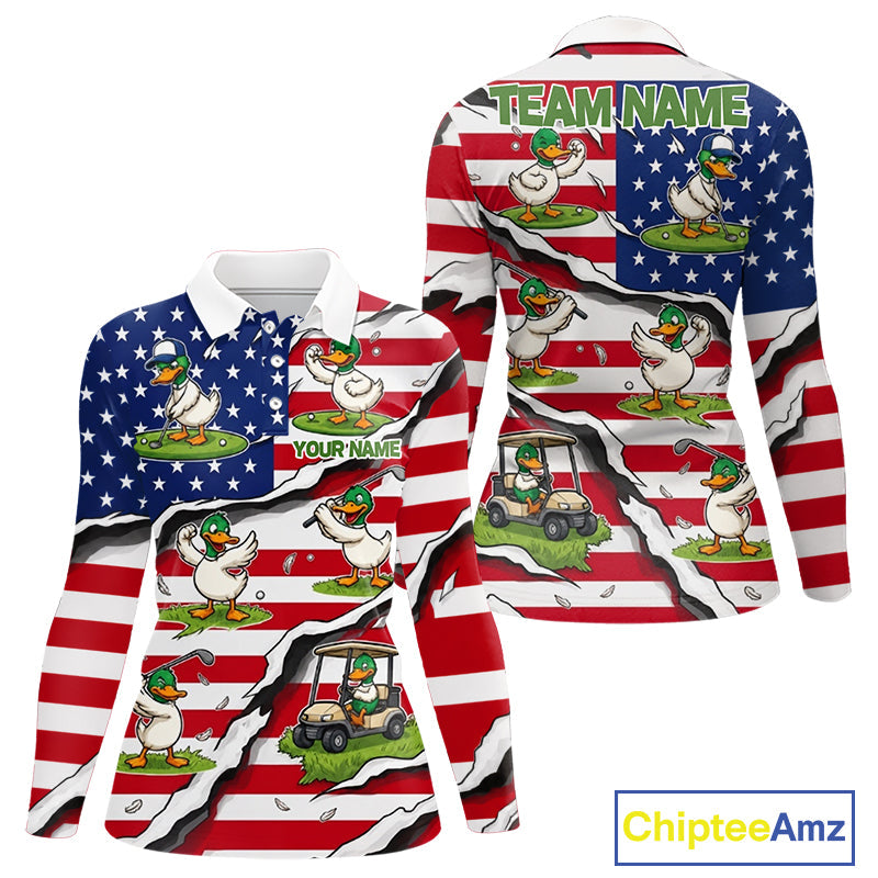 Personalized Funny Duck American Flag Golf Polo Shirt Vintage Patriot Golf Team Tournament
