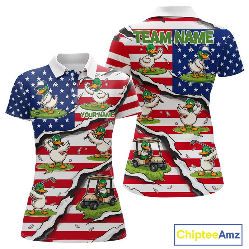 Personalized Funny Duck American Flag Golf Polo Shirt Vintage Patriot Golf Team Tournament