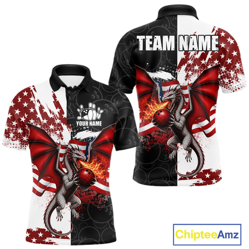 Red, White And Black US Flag Bowling Shirt Custom Patriotic Dragon Fire Flame Bowling Team Jersey