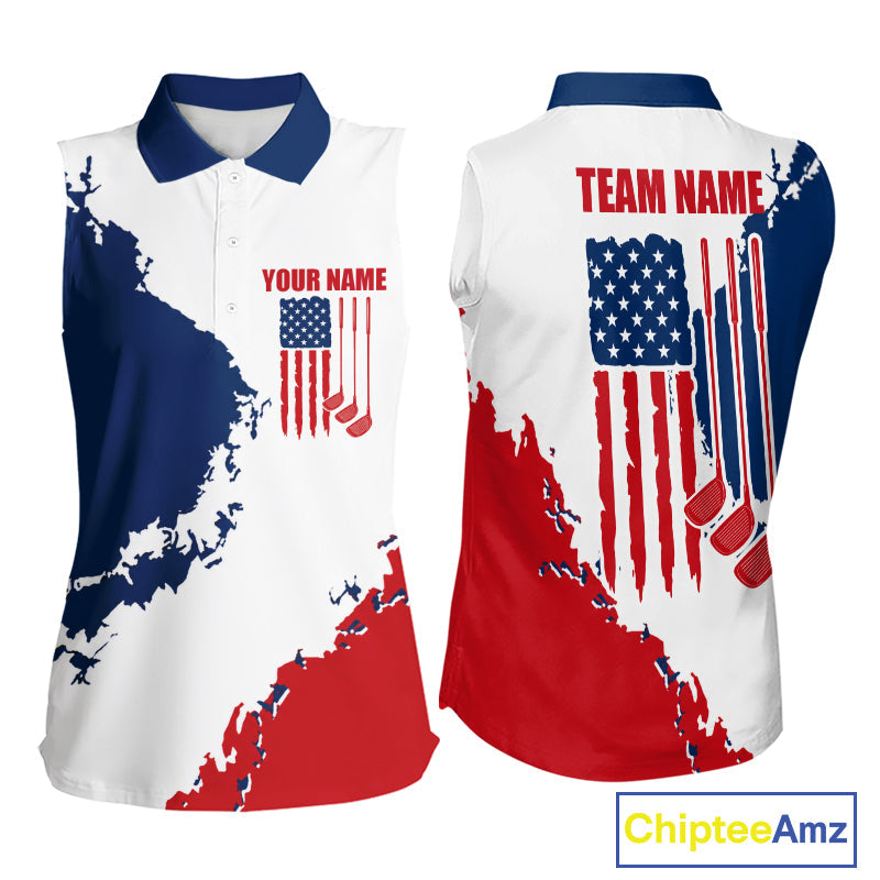 Golf Sleeveless Polo Shirts US Flag Custom Red, White And Blue Golf Team Patriotic Golf Gift